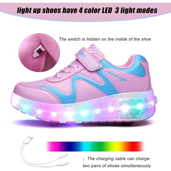 Kids Pink 3 Usb Chargeable Led Light Up Wheeled Skate Sneaker Shoes - Picture 2 of 6